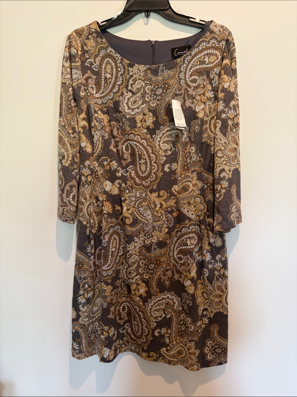 connected apparel Brown & Gold Paisley Long Sleeve Sheath Dress